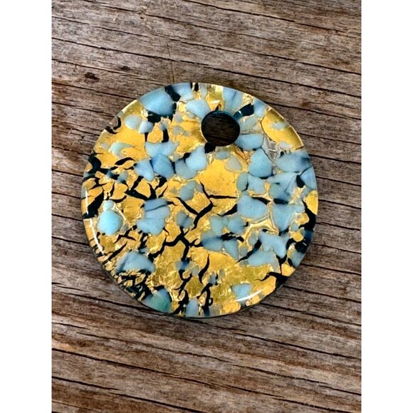 Murano Jewelry - Round Murano Glass Pendant With Gold Foil & Aqua Accents 1.5" Diameter